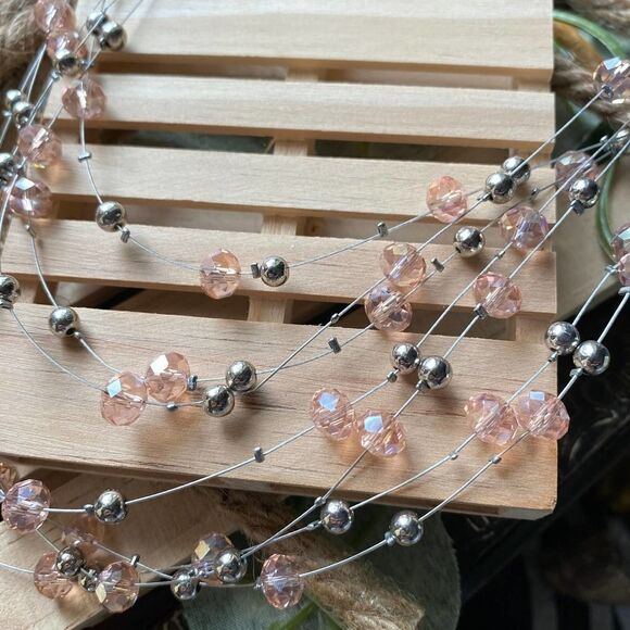 Pink Crystal Multi Strand Layered Necklace - Picture 2 of 3